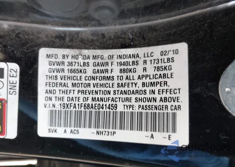 2010 Honda Civic Lx-S z USA, uszkodzony, nr VIN 19XFA1F68AE041459